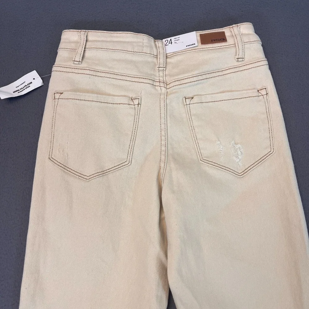 RSQ Jeans Womens 24‎ High Rise Straight Leg Denim Distressed Frayed Hem Ecru NWT